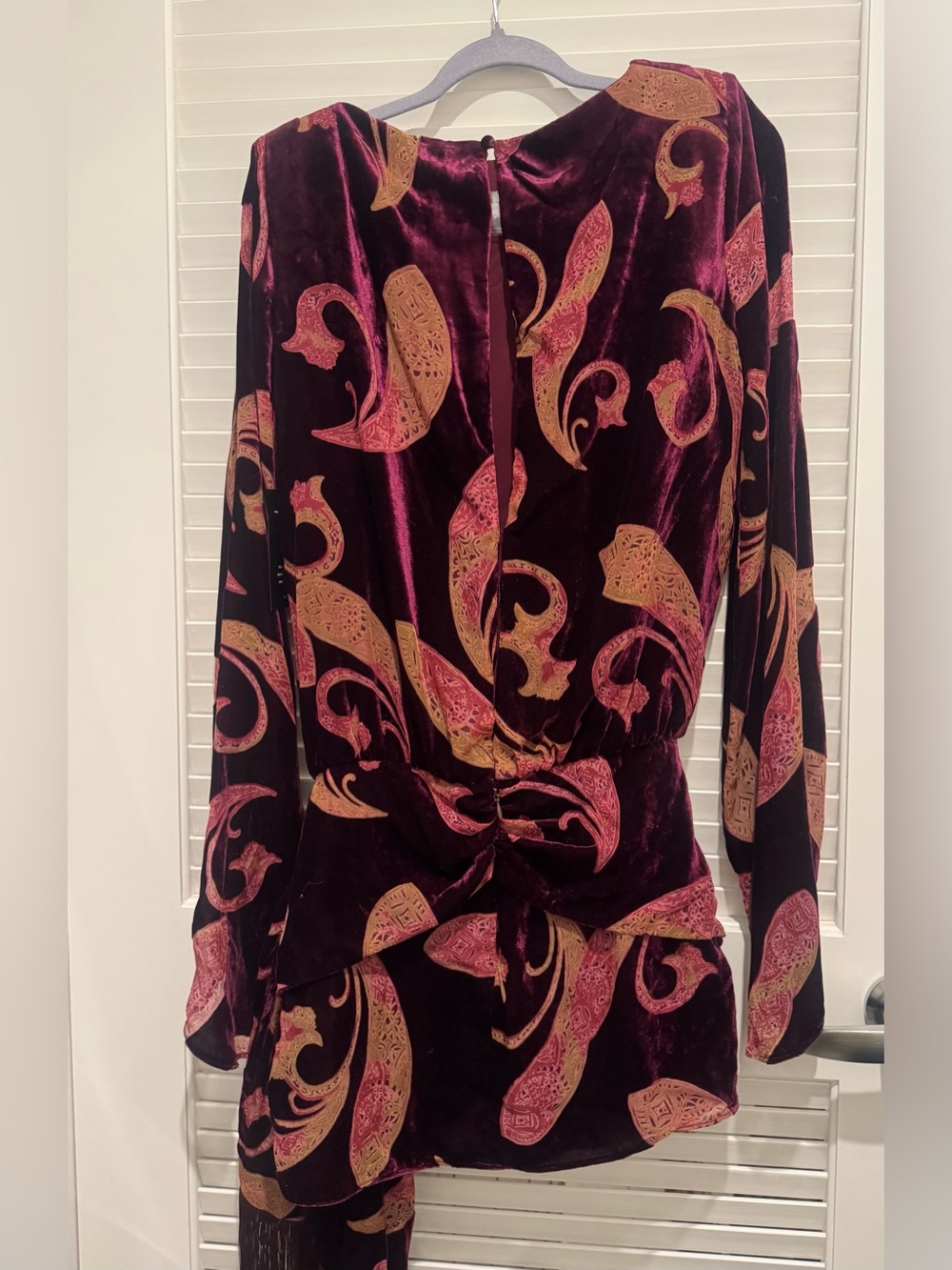 Retrofete Burgundy Velvet Paisley Tie-Waist Long Sleeve Dress - Picture 3 of 12
